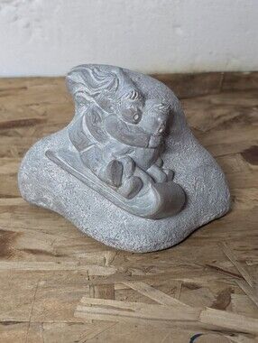 Isabel Bloom 2001 Three Children Toboggan Sledding Down Hill Gray Blue Vintage
